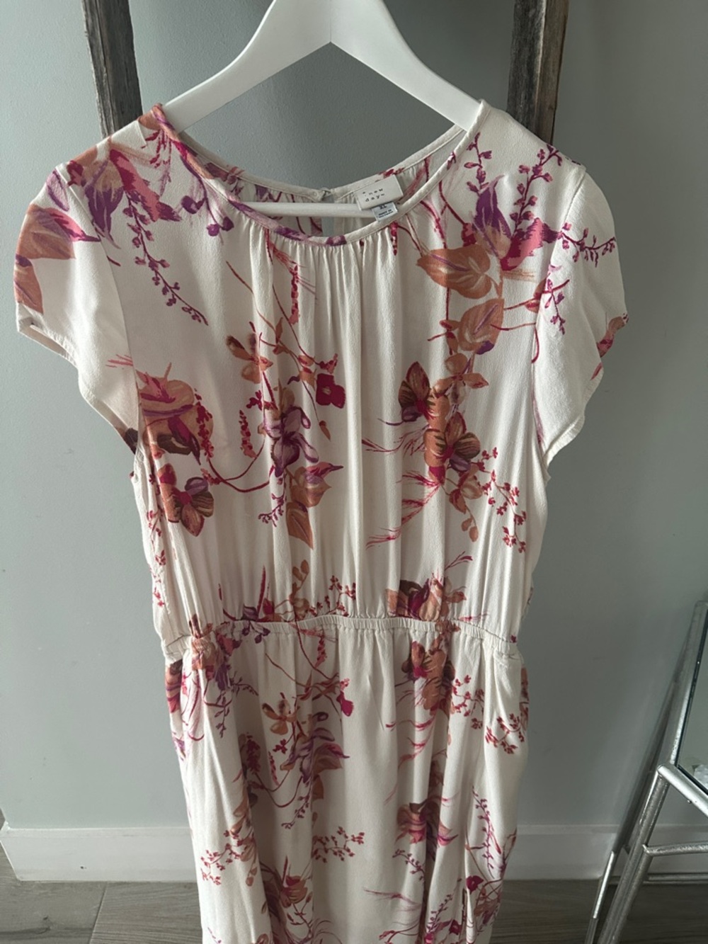 a new day Cream Floral Midi Dress with Pink & Orange Accents